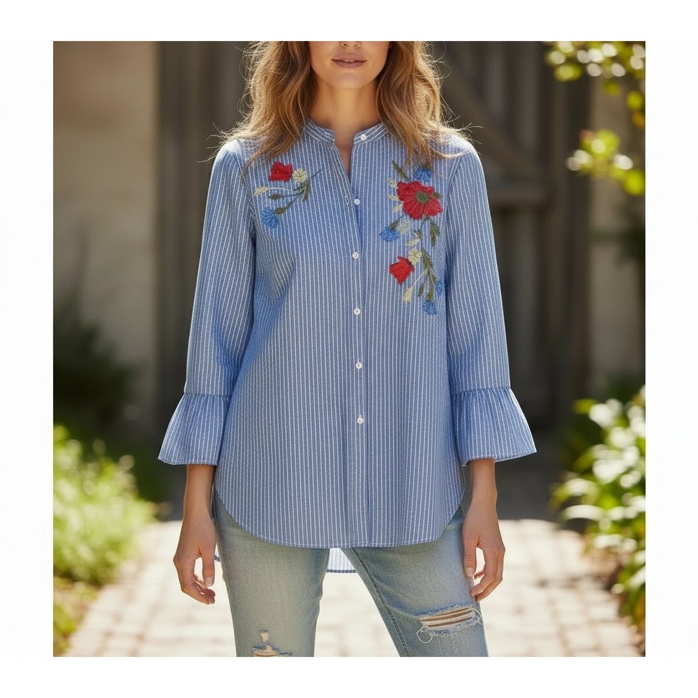 Loft M Blue Striped Floral Embroidered Ruffle Button Top Boho Coastal Artsy Chic